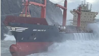 Grounded container ship