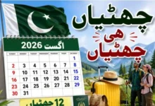 A Pakistan calendar highlighting August 2026 with August 14 (Independence Day) and the expected Eid Milad-un-Nabi holiday, alongside the national flag.