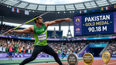 Arshad Nadeem competing in the javelin throw qualification round with the Pakistan flag in the background and a packed Commonwealth Games stadium.
