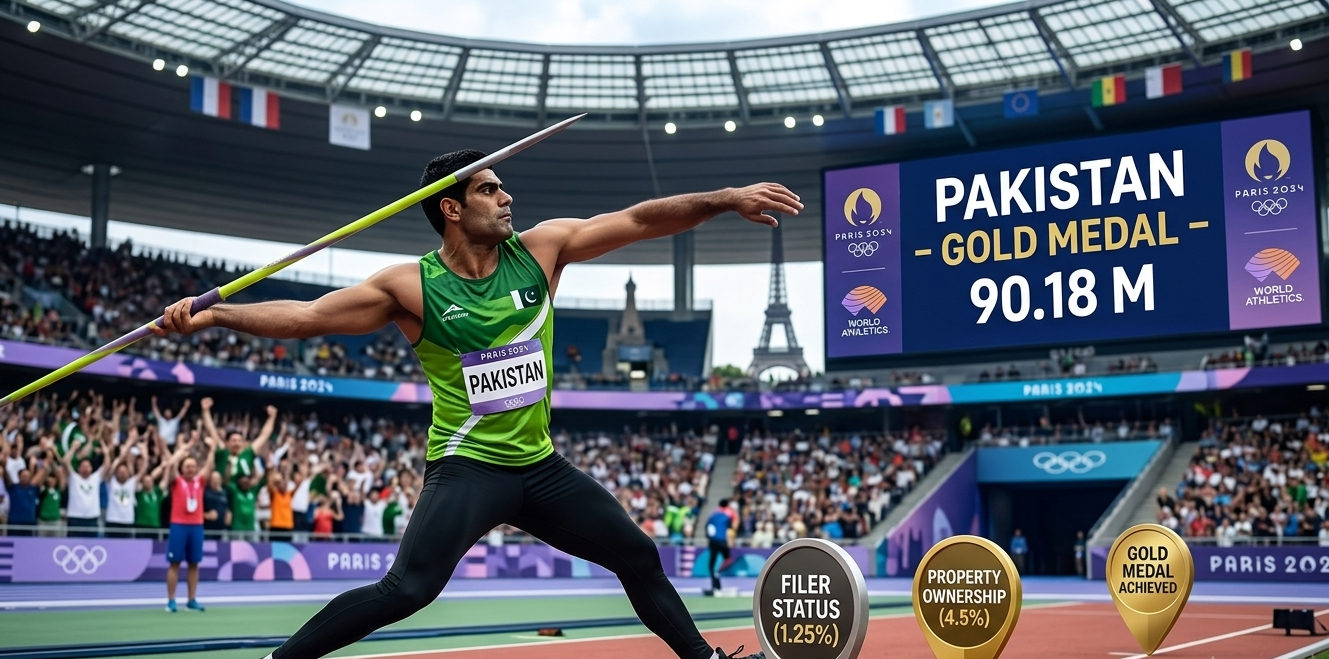 Arshad Nadeem competing in the javelin throw qualification round with the Pakistan flag in the background and a packed Commonwealth Games stadium.