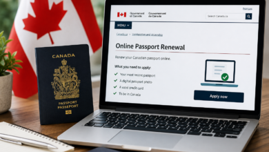 Canadian passport beside a laptop showing the online passport renewal system.