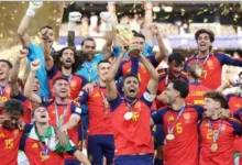 Spain players celebrate after defeating Argentina 1-0 in extra time to win the FIFA World Cup 2026 final at MetLife Stadium.