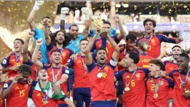 Spain players celebrate after defeating Argentina 1-0 in extra time to win the FIFA World Cup 2026 final at MetLife Stadium.