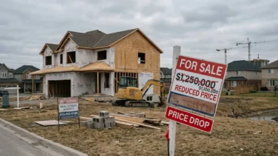 A modern Canadian suburban neighborhood with "For Sale" signs in front of homes, construction cranes in the background, and a subtle downward trend graph representing declining home prices.