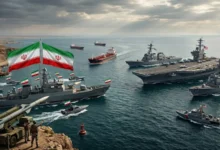 Iranian naval vessels sailing through the Strait of Hormuz as regional tensions between Iran and the United States escalate.