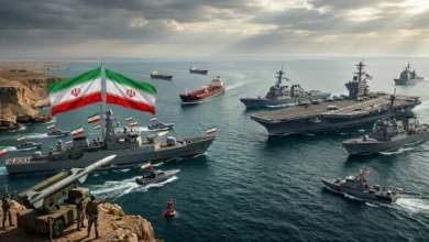 Iranian naval vessels sailing through the Strait of Hormuz as regional tensions between Iran and the United States escalate.