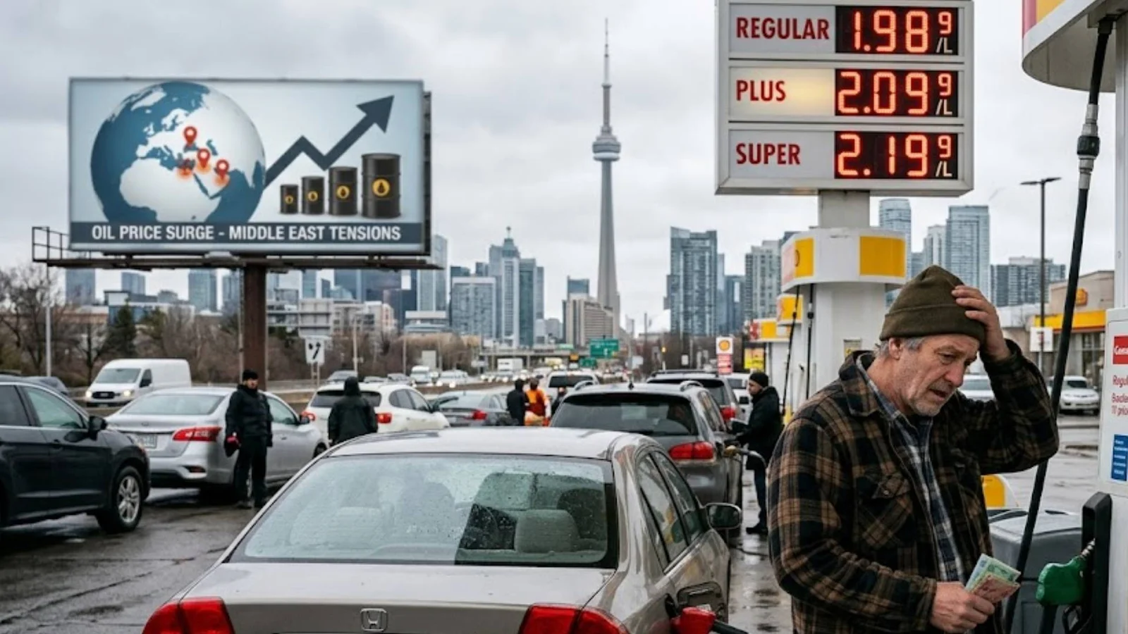 Gas prices rise at a Calgary fuel station as Middle East tensions drive global oil prices higher.