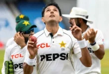 Pakistan fast bowlers celebrate after taking a wicket during the historic Test match against the West Indies.