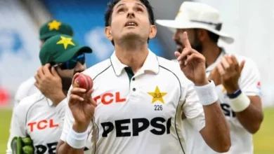 Pakistan fast bowlers celebrate after taking a wicket during the historic Test match against the West Indies.