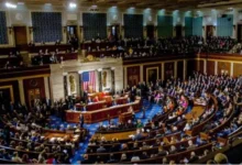 The U.S. Capitol building with the American flag, Pentagon imagery, and military aircraft silhouettes. Avoid dramatic or graphic war imagery.