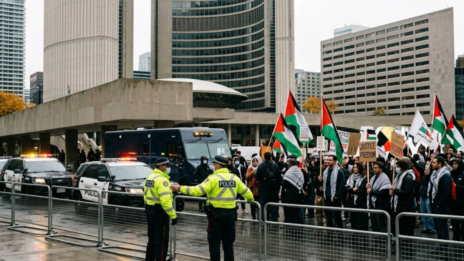 Toronto Police Service headquarters with police vehicles outside, overlaid with a courthouse silhouette and the Toronto skyline. Avoid using Hamas logos or extremist imagery.