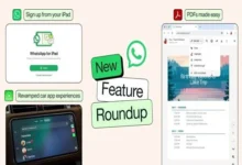 A modern Apple iPad displaying the WhatsApp home screen alongside icons for Apple CarPlay, Android Auto, PDF documents, Apple Music, and Spotify, highlighting the platform's latest feature updates.