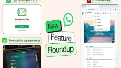 A modern Apple iPad displaying the WhatsApp home screen alongside icons for Apple CarPlay, Android Auto, PDF documents, Apple Music, and Spotify, highlighting the platform's latest feature updates.