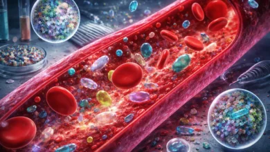 Microplastic particles flowing through a human artery with red blood cells, illustrating the potential impact on heart health.