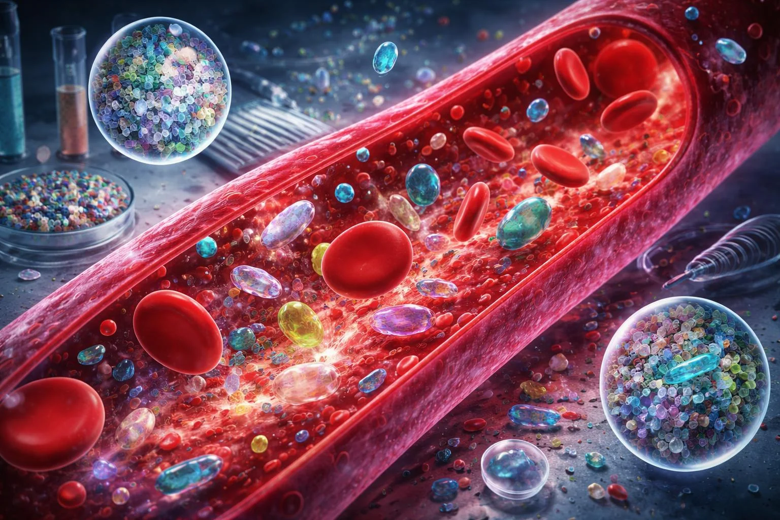 Microplastic particles flowing through a human artery with red blood cells, illustrating the potential impact on heart health.
