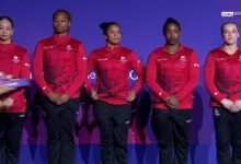 Canada's women's artistic gymnastics team celebrating with silver medals at the Glasgow 2026 Commonwealth Games, featuring Ellie Black and Lia Monica Fontaine after the team final.
