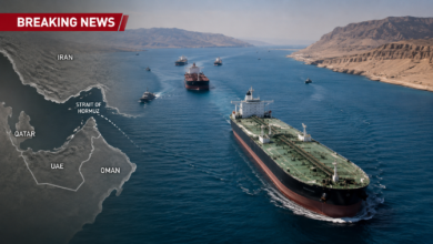 Large oil tankers sailing through the Strait of Hormuz with naval patrol vessels as Oman proposes a joint regional maritime security framework.