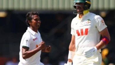 Hasan Mahmud celebrates after taking six wickets against Australia in Darwin Test