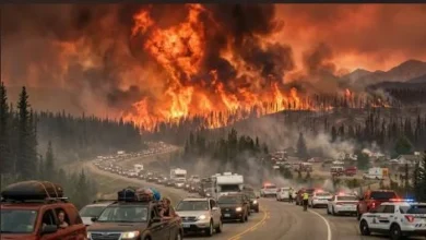 "Massive wildfire burning through a forest in British Columbia as smoke fills the sky during ongoing evacuation efforts."