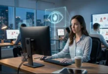 Employee working at a computer while workplace monitoring software tracks digital activity