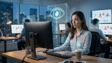 Employee working at a computer while workplace monitoring software tracks digital activity