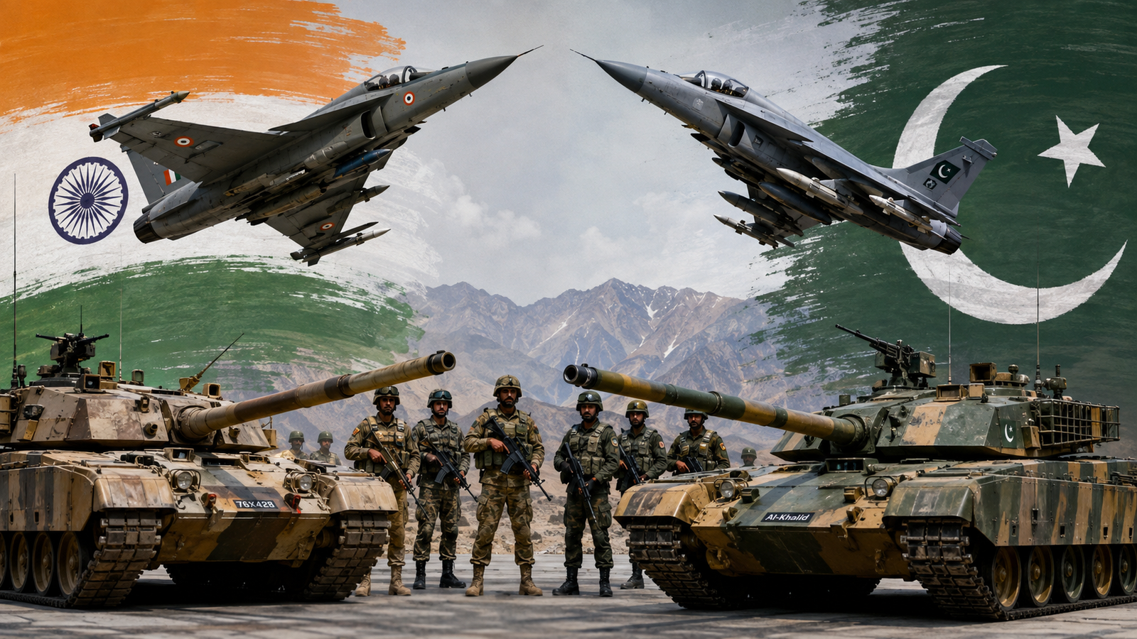 Pakistan vs India military power comparison featuring fighter jets, soldiers and tanks