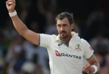Mitchell Starc celebrates after taking a wicket for Australia in the Test match against Bangladesh in Darwin