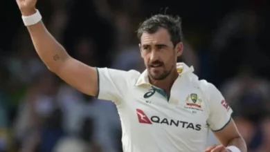 Mitchell Starc celebrates after taking a wicket for Australia in the Test match against Bangladesh in Darwin