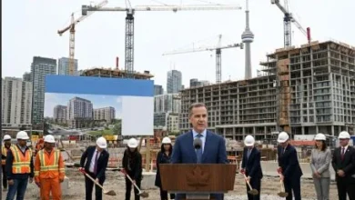 Modern apartment buildings under construction in Toronto representing Canada's $2.7 billion housing initiative to build 5,600 new rental homes.