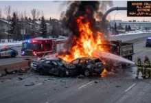 Emergency crews respond to a fiery multi-vehicle crash on Stoney Trail in Calgary where four people were killed and several others were injured.