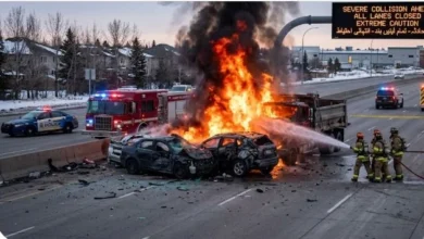 Emergency crews respond to a fiery multi-vehicle crash on Stoney Trail in Calgary where four people were killed and several others were injured.