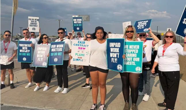 "WestJet Boeing 737 during flight attendants strike in Canada."