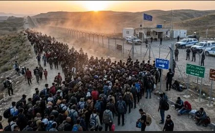 Migrants walking toward a European border crossing as security officials monitor the area