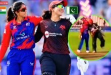 India's Jemimah Rodrigues hugs Pakistan captain Fatima Sana after a match in The Hundred Women's tournament in England.