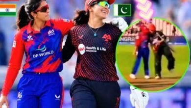 India's Jemimah Rodrigues hugs Pakistan captain Fatima Sana after a match in The Hundred Women's tournament in England.