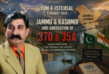 Portrait of columnist Naveed Aman Khan with Kashmir landscape representing Yom-e-Istehsal 2026, the abrogation of Articles 370 and 35A, and the Kashmir dispute.