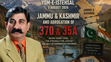 Portrait of columnist Naveed Aman Khan with Kashmir landscape representing Yom-e-Istehsal 2026, the abrogation of Articles 370 and 35A, and the Kashmir dispute.