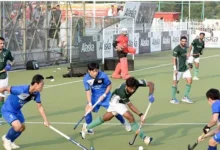 Pakistan hockey players celebrating after defeating South Korea in the third Test match to seal the series.