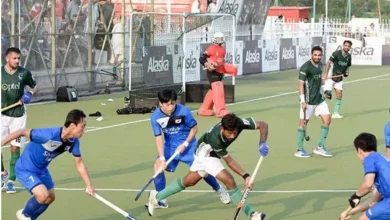 Pakistan hockey players celebrating after defeating South Korea in the third Test match to seal the series.