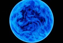 Artist’s illustration of Neptune after an ancient collision with a Pluto-sized object billions of years ago.