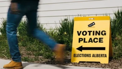 Elections Alberta sign and voting information ahead of the October 19, 2026 referendum