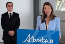 Text: Alberta Premier Danielle Smith and the proposed high-speed rail project connecting Calgary, Red Deer and Edmonton
