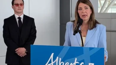 Text: Alberta Premier Danielle Smith and the proposed high-speed rail project connecting Calgary, Red Deer and Edmonton