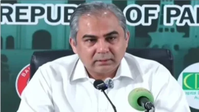 Pakistan Interior Minister Mohsin Naqvi addresses a press conference about the PTI Islamabad march
