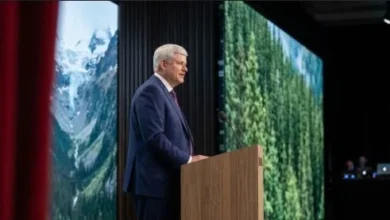 Former Canadian Prime Minister Stephen Harper speaks about Canada-US trade relations at the Canada Investment Summit