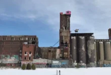 Historic Canada Malting Plant in Montreal, where a deteriorating brick wall has raised public safety concerns and prompted an emergency demolition request.
