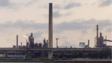 Stelco steel mill in Hamilton, Ontario, amid the Canadian government's review of proposed job cuts and possible legal action against its U.S. owner.