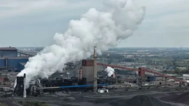 Stelco steel plant in Hamilton, Ontario, as up to 500 jobs face potential cuts and the Canadian government demands a job protection plan.