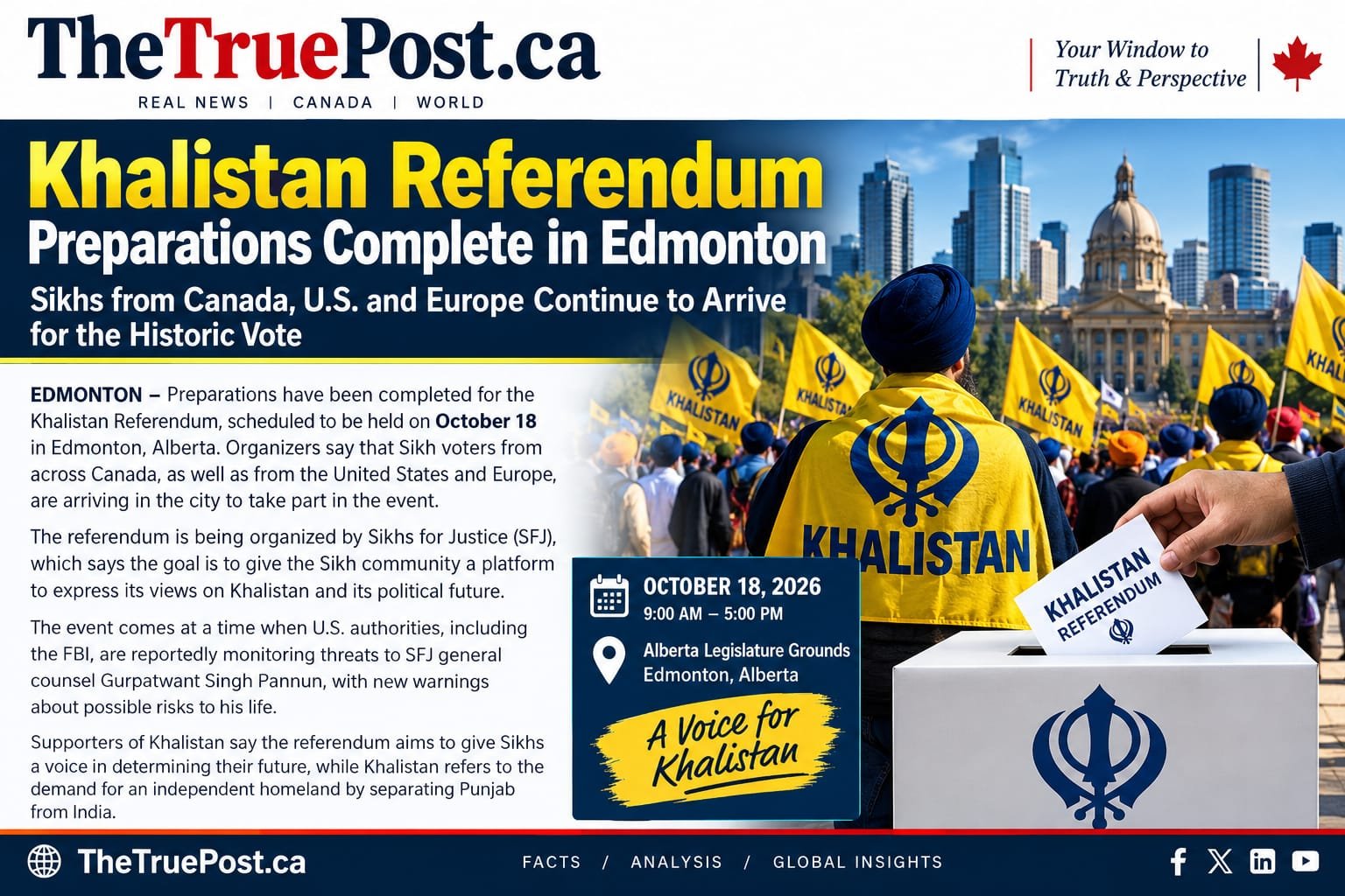 Khalistan referendum preparations in Edmonton, Canada, with Sikh community members expected from Canada, the United States, and Europe on October 18, 2026.