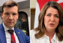Calgary Mayor Jeromy Farkas and Alberta Premier Danielle Smith amid a dispute over municipal zoning and provincial powers